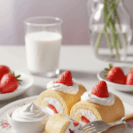 Plated Strawberry Cheesecake Rolls served with whipped cream on a floral plate, accompanied by a glass of milk.