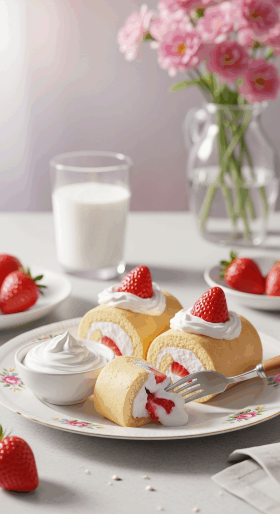 Plated Strawberry Cheesecake Rolls served with whipped cream on a floral plate, accompanied by a glass of milk.