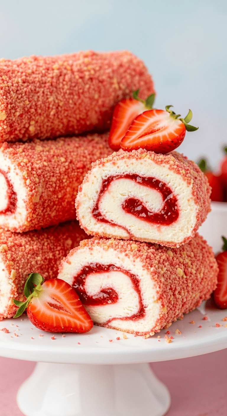 Stack of cheesecake rolls coated in pink strawberry crunch crumbs, with one cut open to show the cheesecake and strawberry filling.