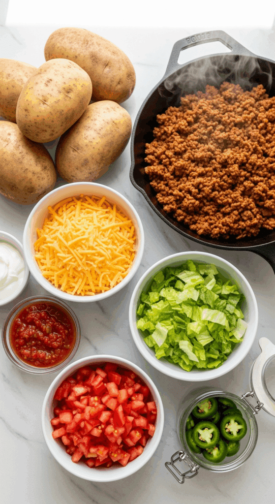 Ingredients for taco loaded baked potatoes: russet potatoes, taco meat, cheese, lettuce, tomatoes, and toppings arranged on a counter.