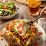 A fork digging into a cheesy taco loaded baked potato on a dinner plate with a side salad.