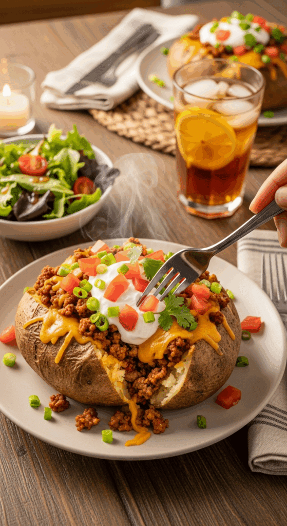 A fork digging into a cheesy taco loaded baked potato on a dinner plate with a side salad.
