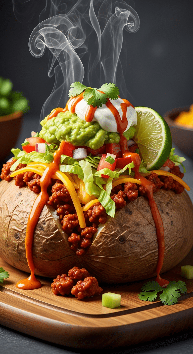 Loaded baked potato overflowing with taco meat, cheese, sour cream, guacamole, and fresh toppings.