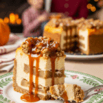 A beautiful plate with a homemade, festive, and layered slice of an Apple Crisp Cheesecake being served with a caramel drizzle for a holiday dessert.