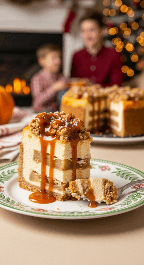 A beautiful plate with a homemade, festive, and layered slice of an Apple Crisp Cheesecake being served with a caramel drizzle for a holiday dessert.