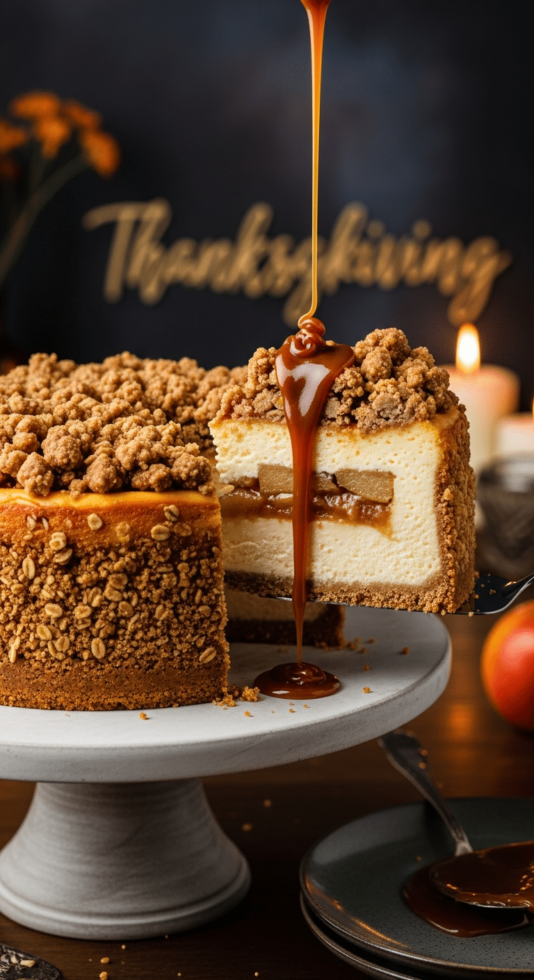 A beautiful, elegant cake stand with a homemade, festive, and layered Apple Crisp Cheesecake, with a creamy interior, a spiced apple layer, and a crunchy crisp topping.