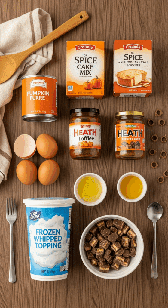 Ingredients for pumpkin poke cake: pumpkin puree, cake mix, condensed milk, caramel, whipped topping, and toffee bits.