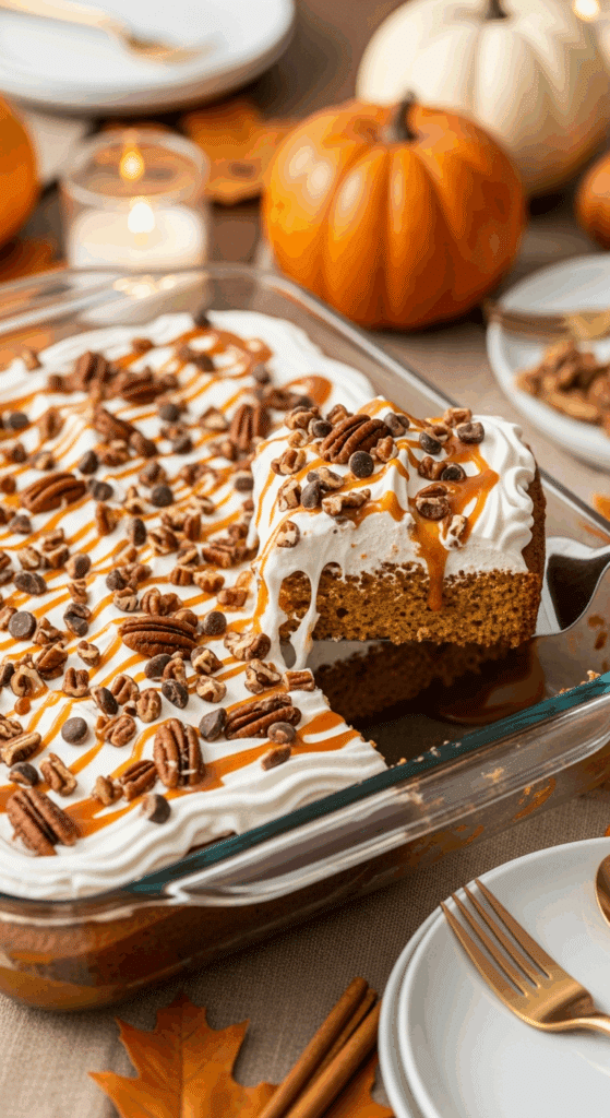 9x13 pan of finished Pumpkin Poke Cake topped with toffee and caramel, with a slice being served.