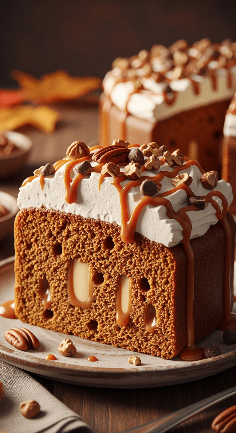 Slice of pumpkin poke cake with caramel filling, whipped topping, toffee bits, and pecans.