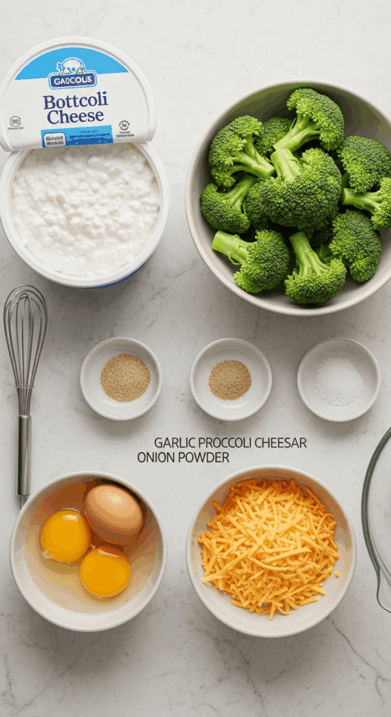 Ingredients for Broccoli Cottage Cheese Bake: cottage cheese, broccoli, eggs, cheddar cheese, and spices arranged flat lay.