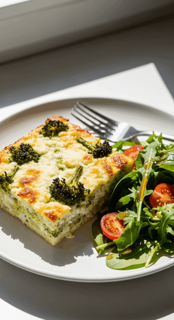 Slice of Broccoli Cottage Cheese Bake served on a plate with a fresh side salad.