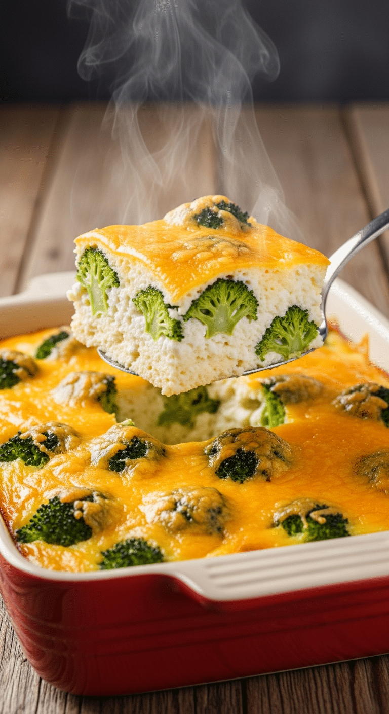 Golden brown Broccoli Cottage Cheese Bake in a casserole dish with a scoop being lifted out, showing the creamy texture and broccoli.