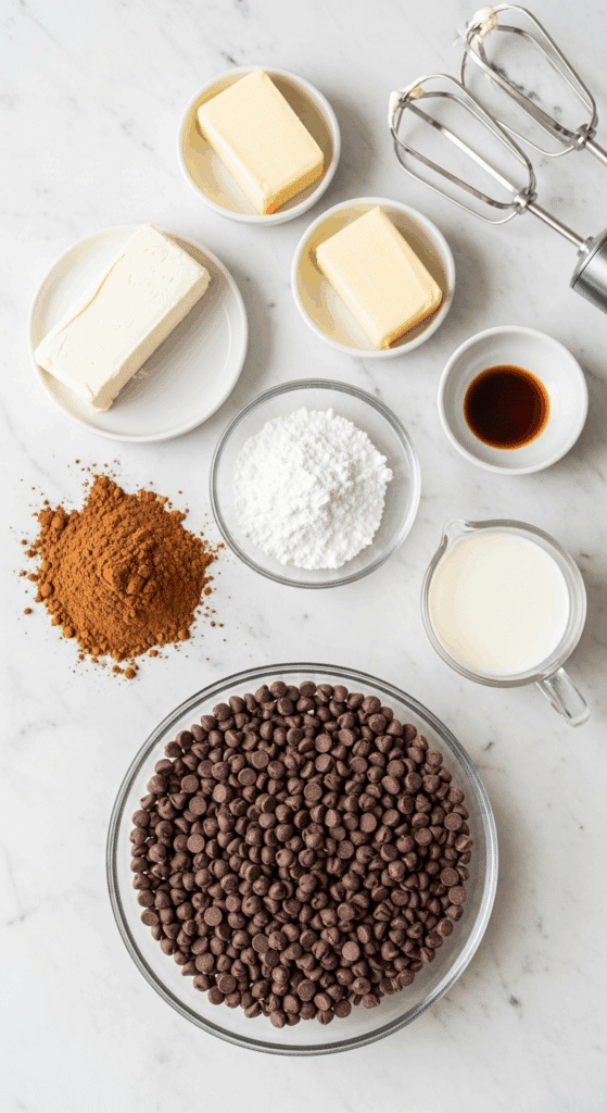 Ingredients for no-bake brownie batter dip: cream cheese, cocoa powder, sugar, butter, and chocolate chips.