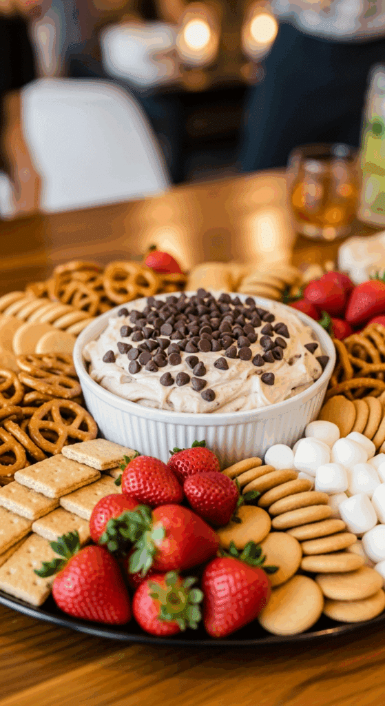 Large dessert platter with brownie batter dip centered amid pretzels, fruit, and cookies.