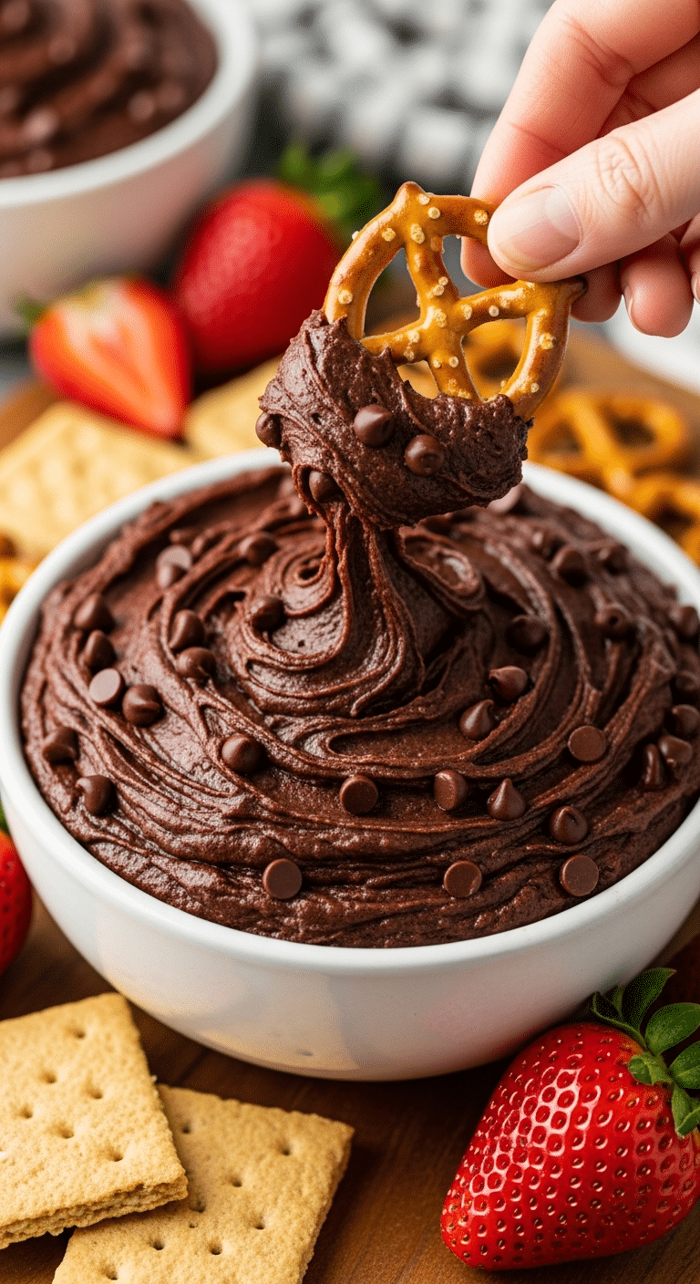 Close up of a pretzel dipping into a bowl of thick chocolate brownie batter dip.