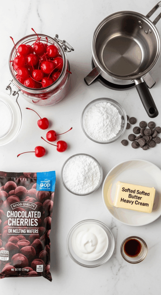 Ingredients for chocolate covered cherries: maraschino cherries, dark chocolate, powdered sugar, and butter.