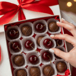 Open box of homemade chocolate covered cherries in paper cups, with a hand reaching for one.