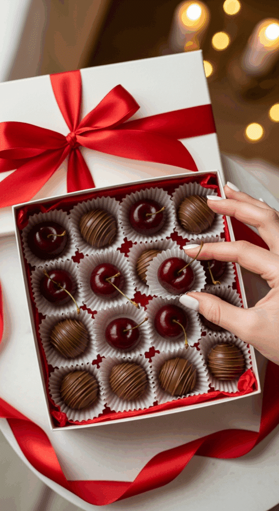 Open box of homemade chocolate covered cherries in paper cups, with a hand reaching for one.