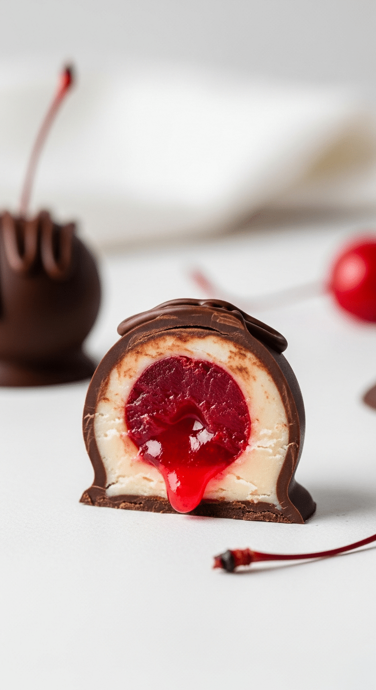 Chocolate covered cherry cut in half showing the maraschino cherry and liquid fondant center.