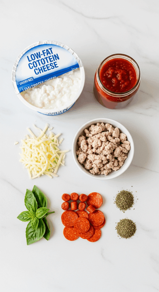 Ingredients for cottage cheese pizza bowl: cottage cheese, ground turkey, marinara, mozzarella, and pepperoni on a counter.