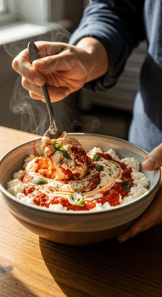 A person stirring a warm cottage cheese pizza bowl with a spoon, mixing the cheese and sauce together.