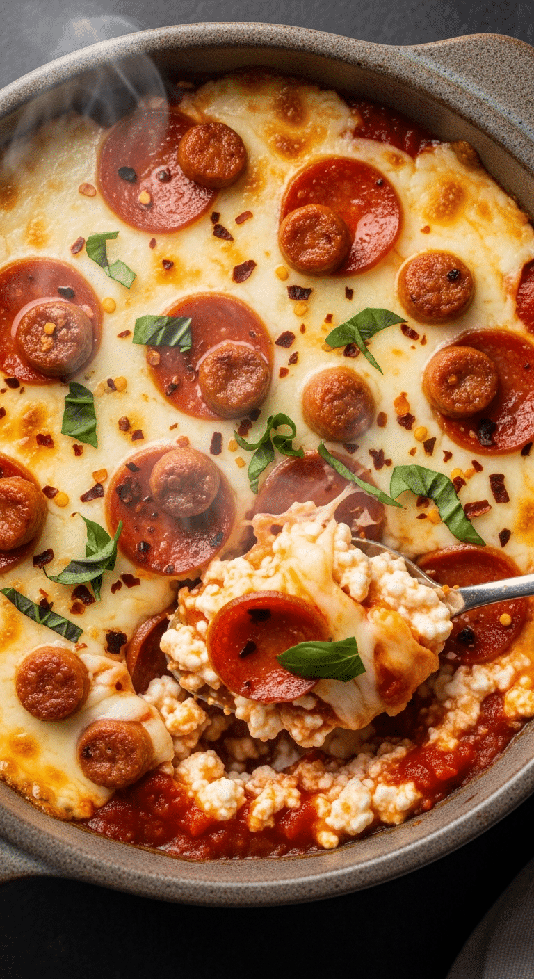 Close up of a cottage cheese pizza bowl with melted mozzarella, pepperoni, and fresh basil in a ceramic bowl.