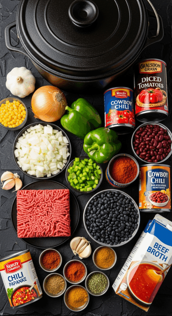 Ingredients for Cowboy Chili: ground beef, various beans, corn, tomatoes, chili powder, and vegetables.