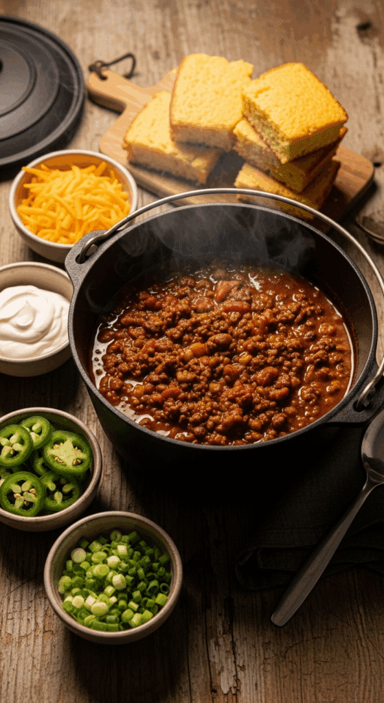 Large Dutch oven of Cowboy Chili with bowls of toppings and cornbread on a table.