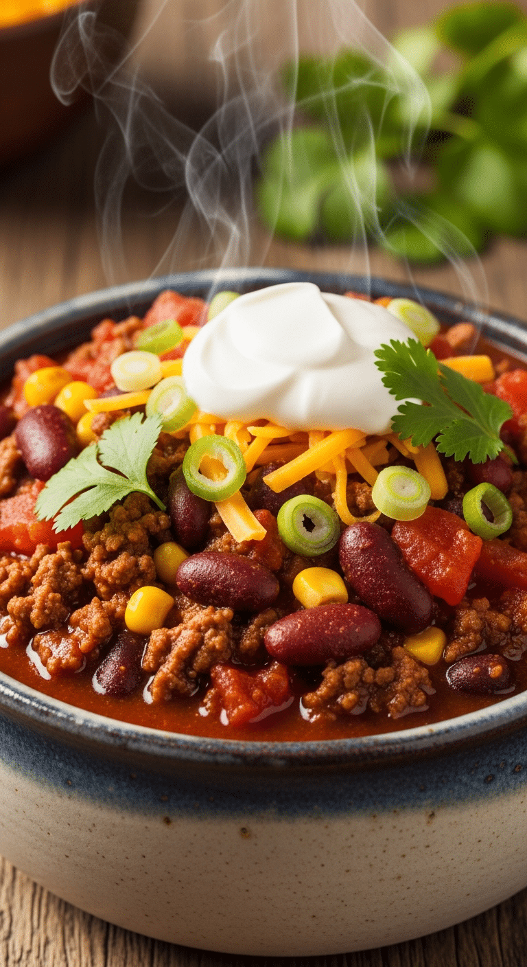 Bowl of hearty Cowboy Chili topped with sour cream, cheese, and green onions.