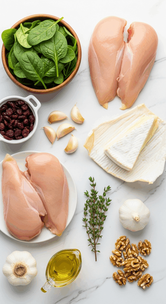 Ingredients for stuffed chicken: raw chicken, Brie cheese, spinach, and dried cranberries.