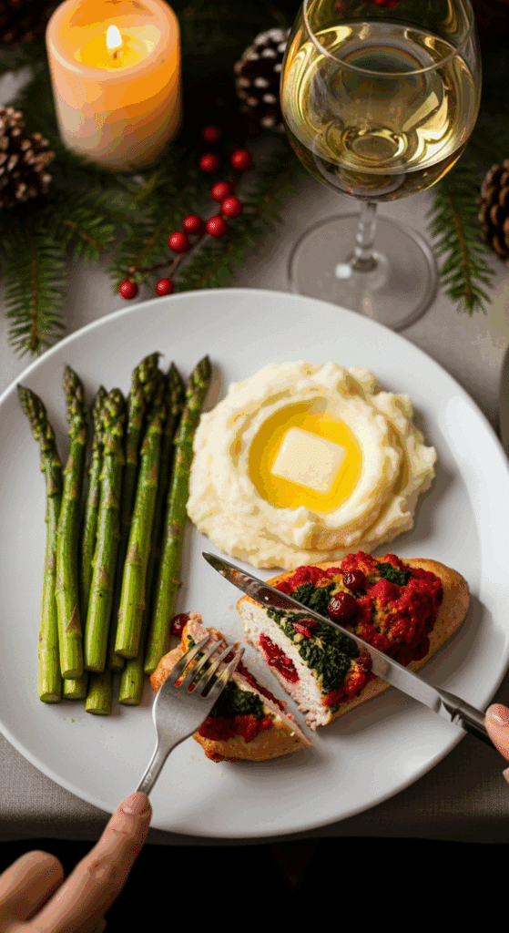 Plated stuffed chicken dinner with asparagus and white wine in a candlelit setting.