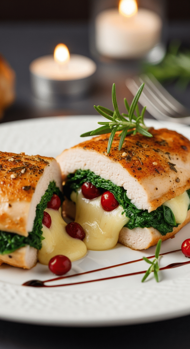 Sliced chicken breast stuffed with melted brie, spinach, and cranberries on a white plate.