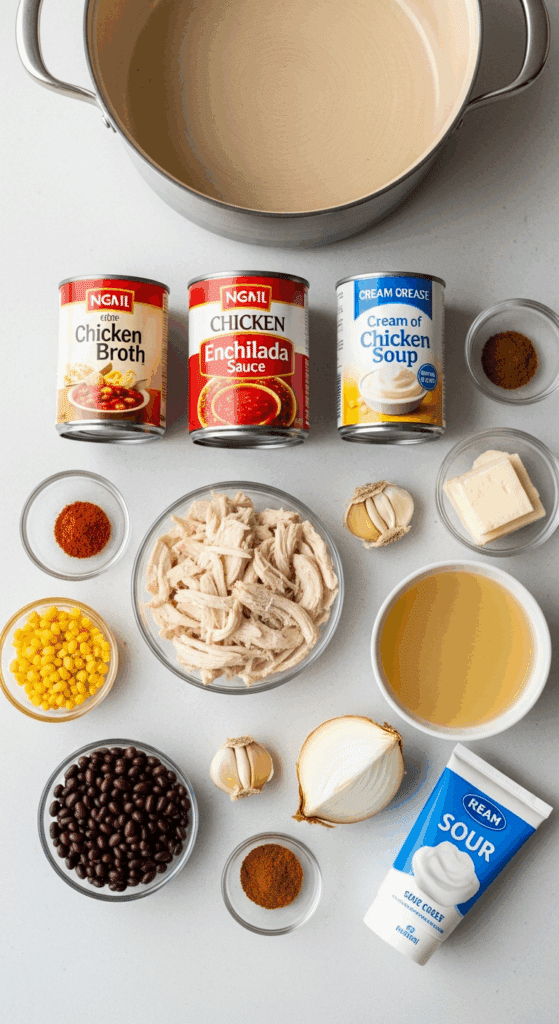 Ingredients for creamy chicken enchilada soup: shredded chicken, enchilada sauce, cream cheese, corn, beans, and spices.