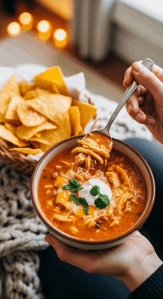 Person holding a warm bowl of creamy chicken enchilada soup with a spoon and tortilla chips.