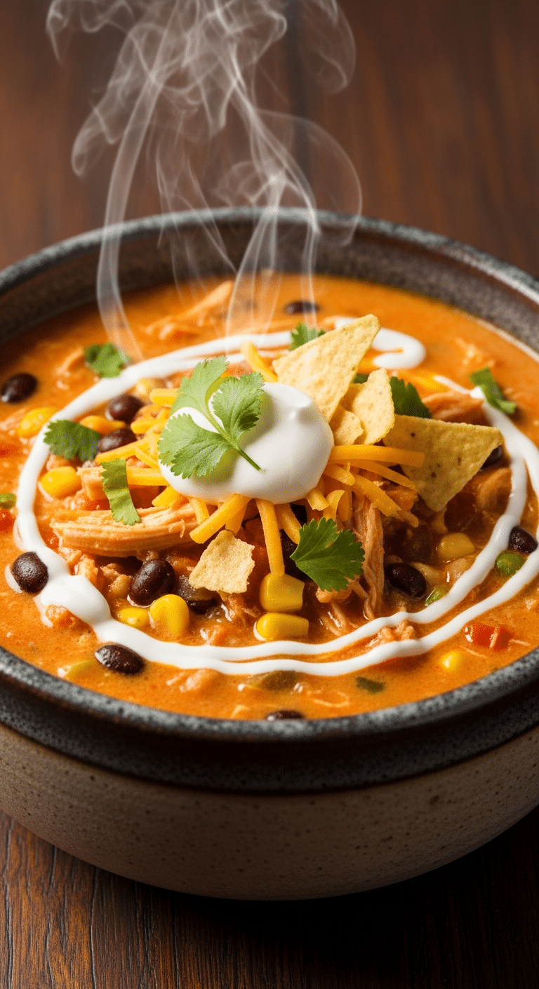 Bowl of creamy chicken enchilada soup with shredded chicken, corn, and toppings.