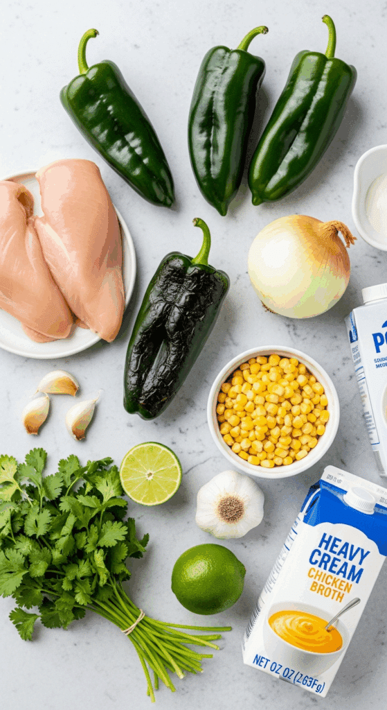 Ingredients for poblano soup: poblano peppers, chicken, corn, cream, and aromatics.