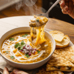 Person eating creamy poblano chicken soup with a spoon, served with bread.