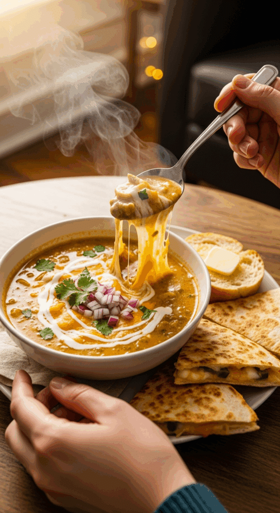 Person eating creamy poblano chicken soup with a spoon, served with bread.