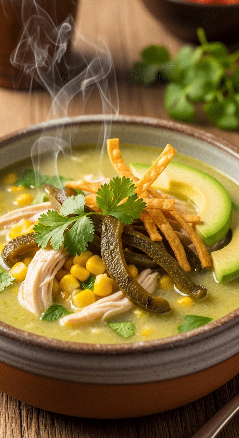 Bowl of creamy poblano chicken soup with roasted pepper strips, corn, and avocado garnish.