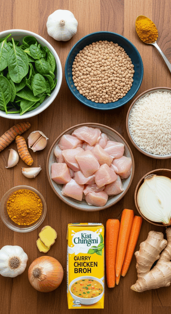 Ingredients for curry soup: chicken, lentils, rice, spinach, curry powder, and vegetables.