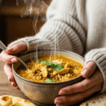 Person in a cozy sweater holding a warm bowl of curried chicken and lentil soup.