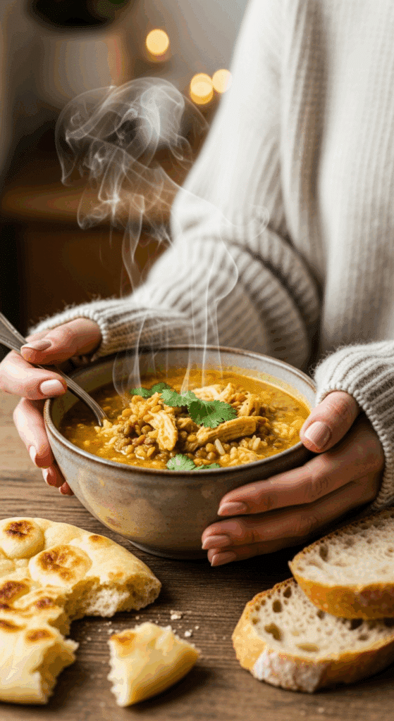 Person in a cozy sweater holding a warm bowl of curried chicken and lentil soup.