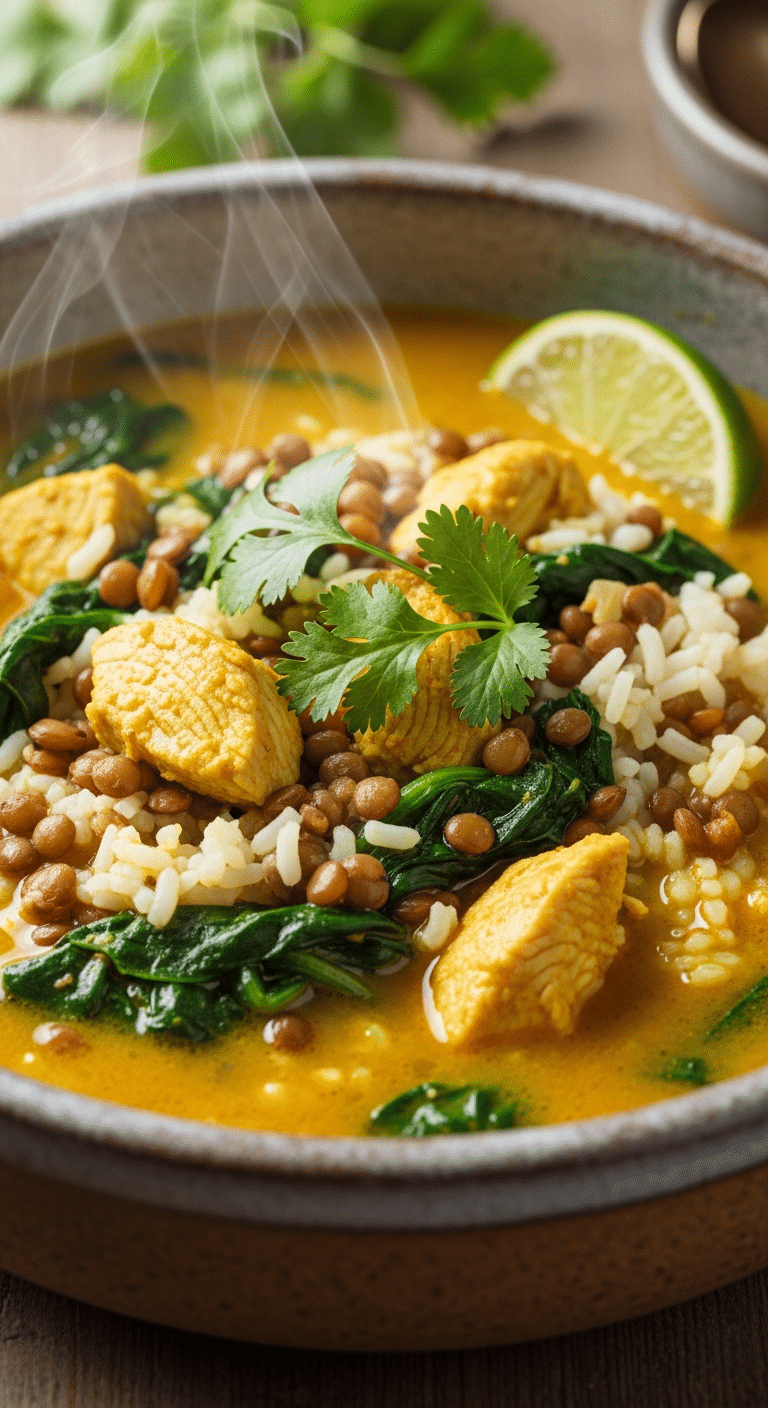 Bowl of golden curried chicken soup with lentils, rice, and fresh spinach.