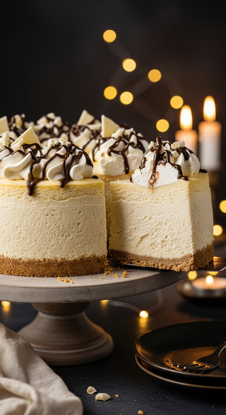 A beautiful, elegant cake stand with a homemade, festive, and crack-free White Chocolate Peanut Butter Cheesecake, with a creamy, pale yellow interior and a fluffy, whipped cream topping.
