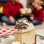 A beautiful plate with a homemade, festive, and creamy slice of a White Chocolate Peanut Butter Cheesecake being served for a holiday dessert.