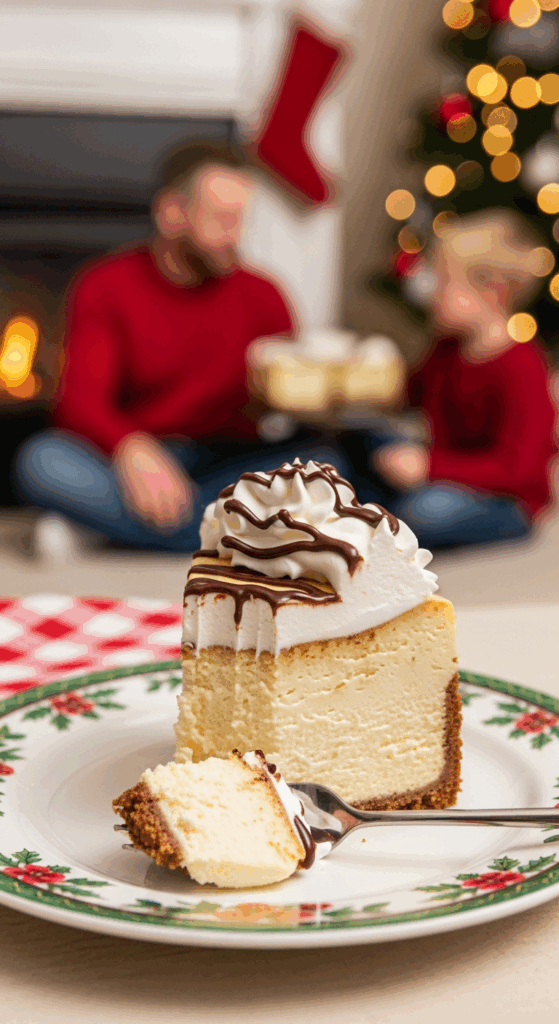 A beautiful plate with a homemade, festive, and creamy slice of a White Chocolate Peanut Butter Cheesecake being served for a holiday dessert.