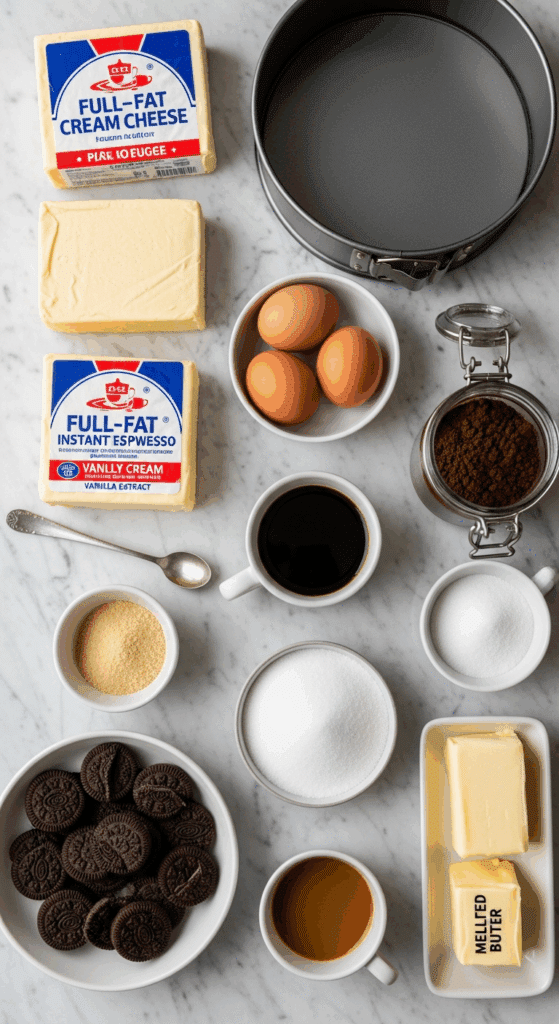 Ingredients for Espresso Cheesecake: cream cheese, sugar, eggs, espresso powder, cream, and chocolate cookies.