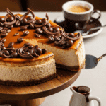 Whole espresso cheesecake on a cake stand being served with espresso and chocolate sauce.