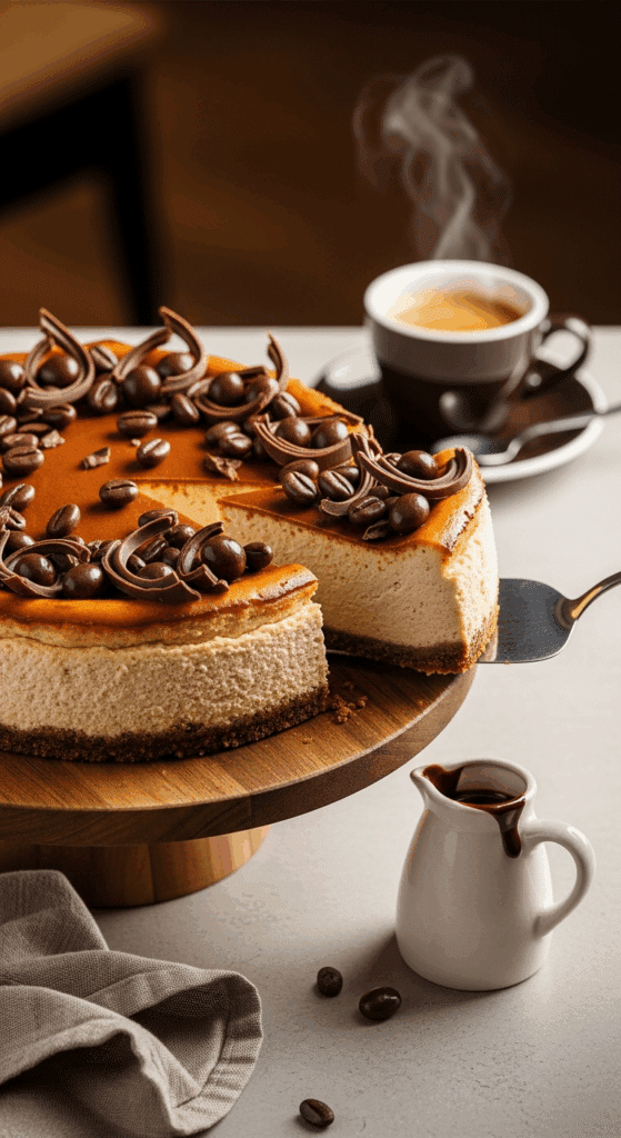 Whole espresso cheesecake on a cake stand being served with espresso and chocolate sauce.