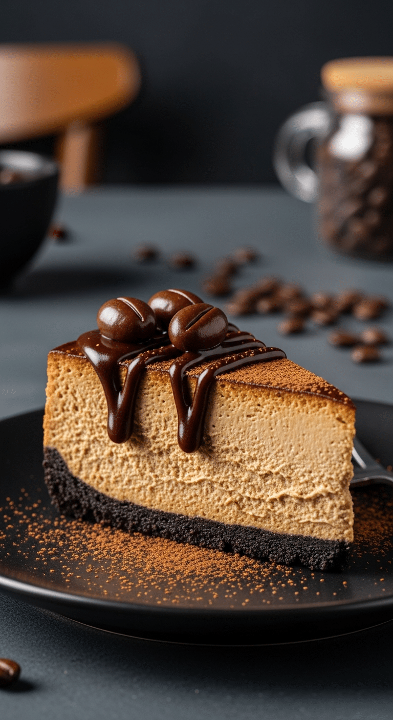 Slice of creamy espresso cheesecake with chocolate ganache, espresso beans, and cocoa powder dusting.